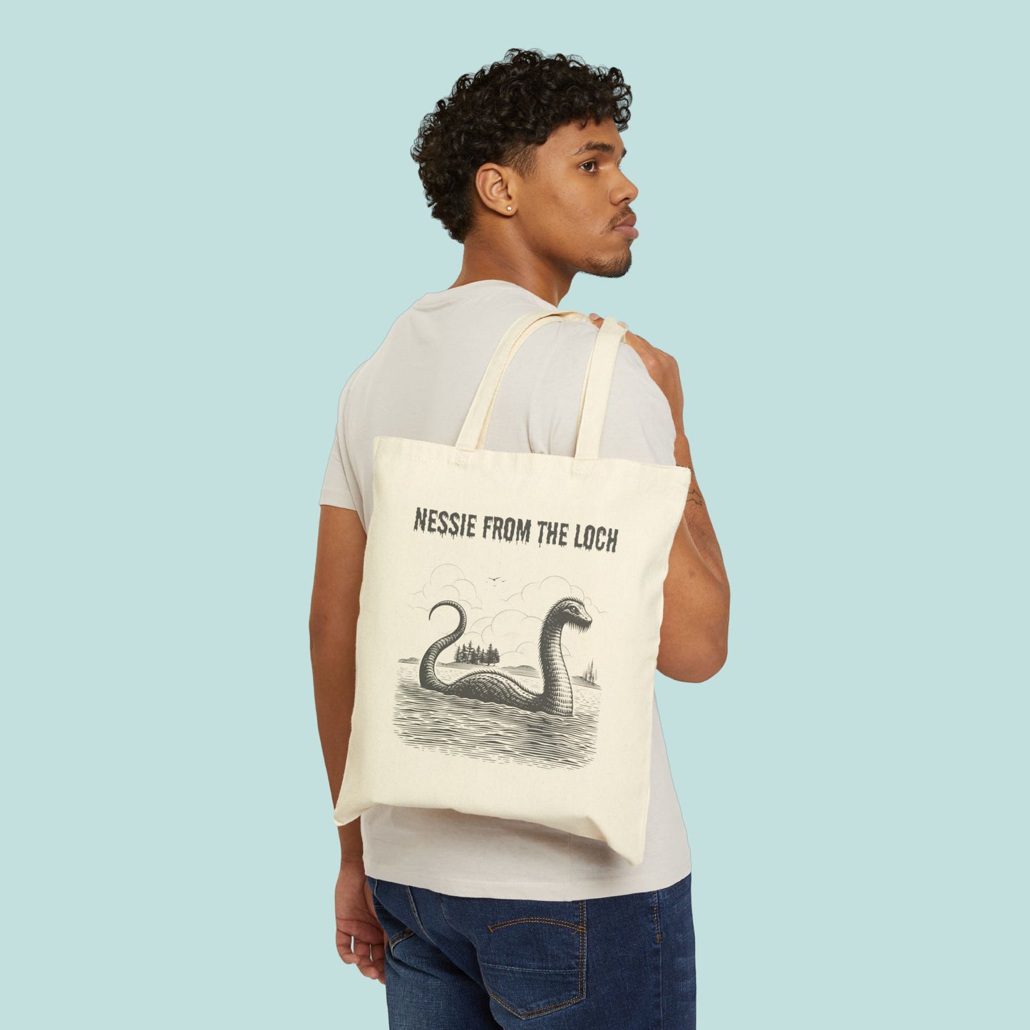 Nessie from the Loch Canvas Tote Bag, Scottish Loch Monster Reusable Shopping Bag, Eco-Friendly Grocery Tote, Mythical Creature