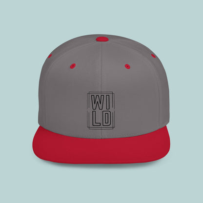 WILD Flat Bill Snapback Hat - Black Logo - Trendy Gray Cap for Outdoor Enthusiasts, Edgy, Outdoor, Adventure Hat