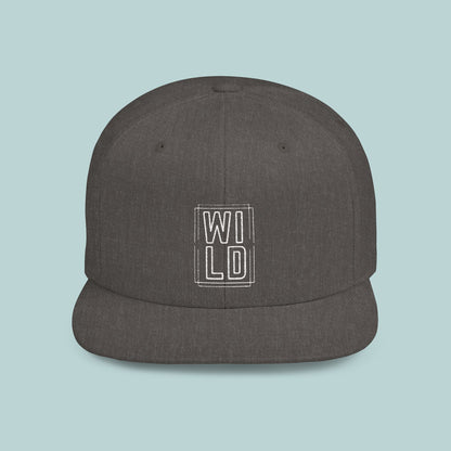 WILD Flat Bill Snapback Hat - White Logo - Trendy Sports Cap for Outdoor Adventures, Urban, Edgy, Low Profile Hat