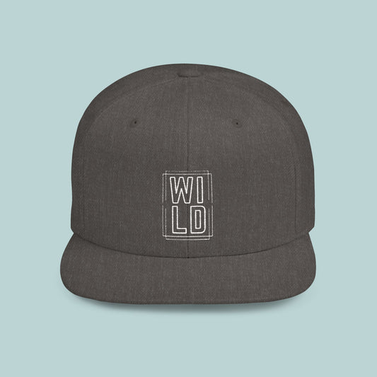 WILD Flat Bill Snapback Hat - White Logo - Trendy Sports Cap for Outdoor Adventures, Urban, Edgy, Low Profile Hat