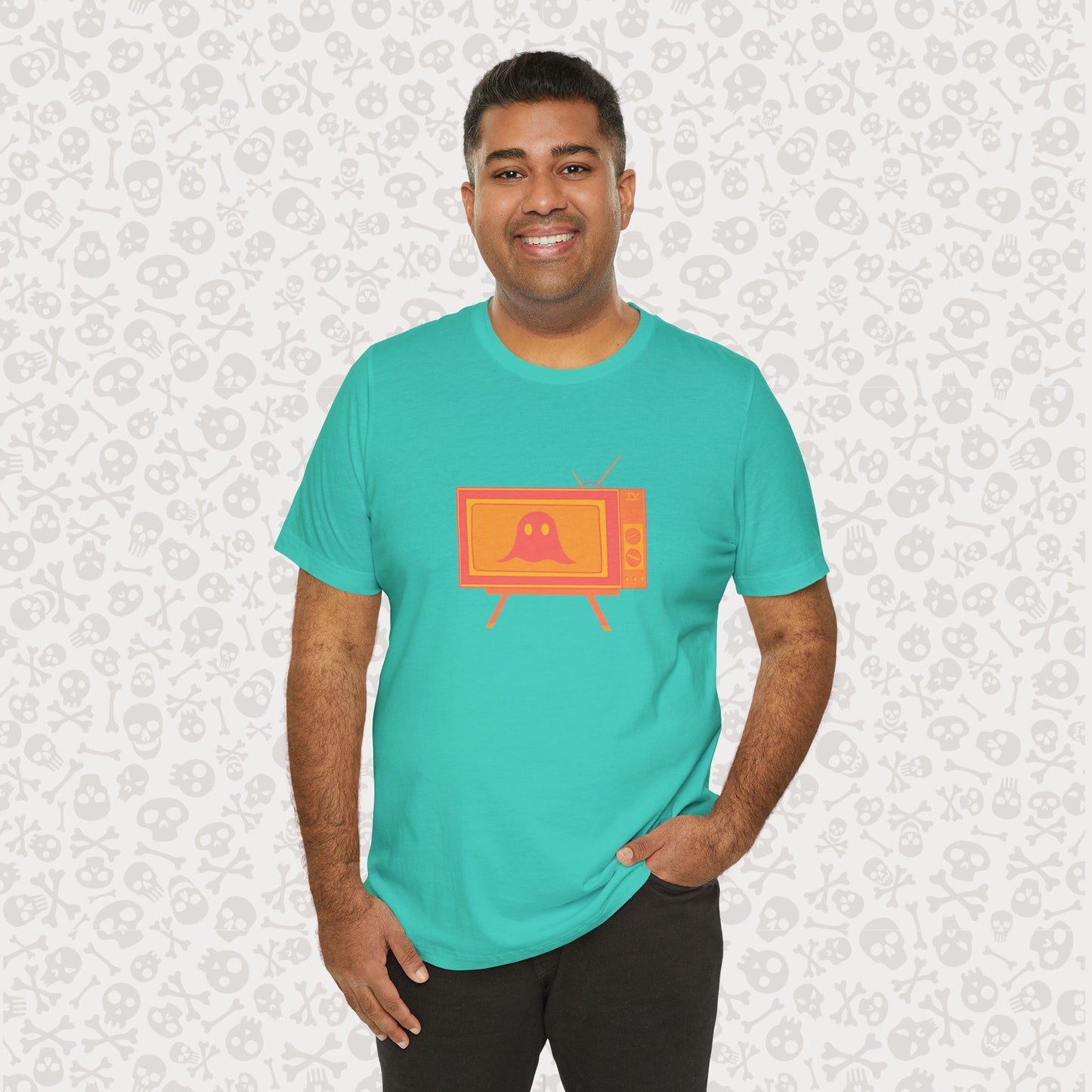 Ghost in the TV T-Shirt | Spooky retro vintage television graphic tee | Halloween