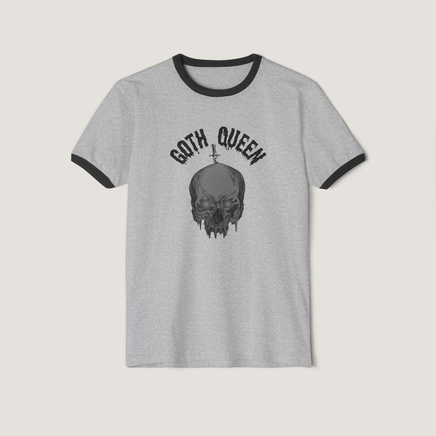 Goth Queen Skull Ringer Tee, Women's Halloween Graphic T-Shirt, Unisex Cotton Shirt, Alternative Fashion Top, Vintage Inspired Tee