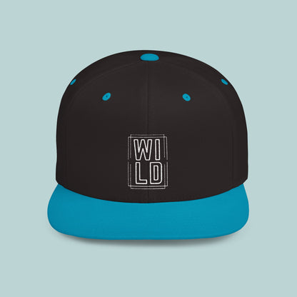 WILD Flat Bill Snapback Hat - White Logo - Trendy Sports Cap for Outdoor Adventures, Urban, Edgy, Low Profile Hat