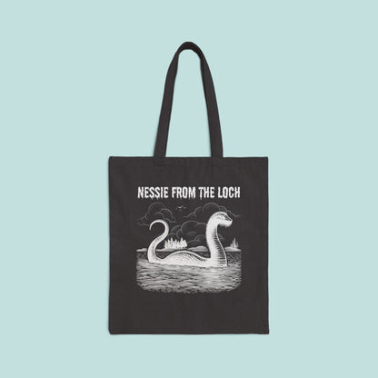 Nessie from the Loch Black Canvas Tote Bag, Scottish Loch Monster Reusable Shopping Bag, Eco-Friendly Grocery Tote, Mythical Creature