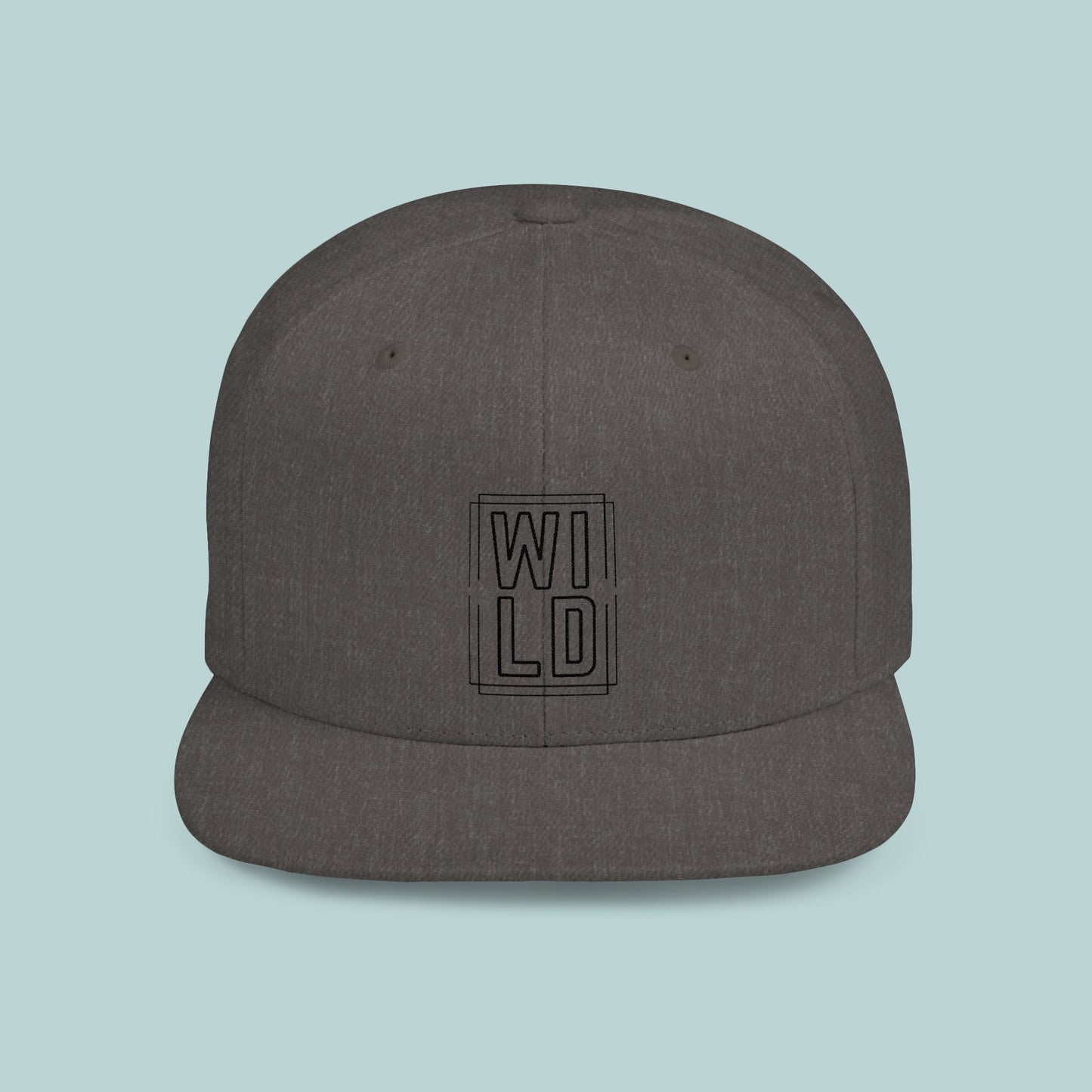 WILD Flat Bill Snapback Hat - Black Logo - Trendy Gray Cap for Outdoor Enthusiasts, Edgy, Outdoor, Adventure Hat