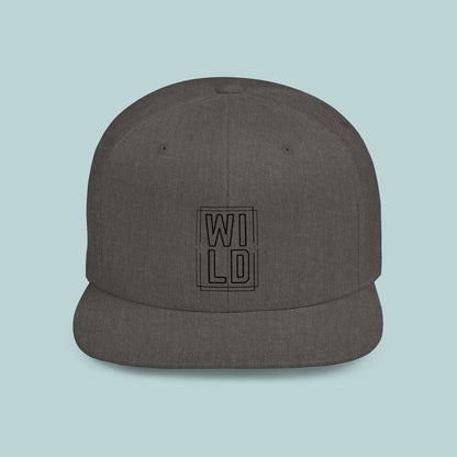 WILD Flat Bill Snapback Hat - Black Logo - Trendy Gray Cap for Outdoor Enthusiasts, Edgy, Outdoor, Adventure Hat