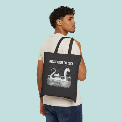 Nessie from the Loch Black Canvas Tote Bag, Scottish Loch Monster Reusable Shopping Bag, Eco-Friendly Grocery Tote, Mythical Creature