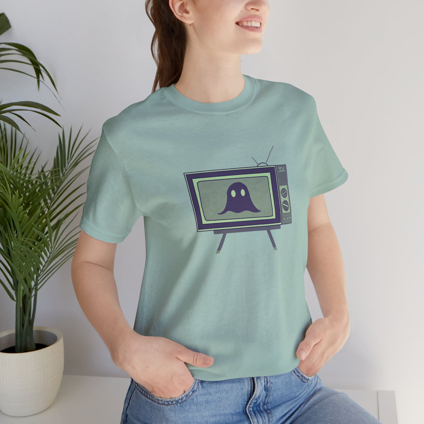 Ghost in the TV T-Shirt | Spooky retro vintage television graphic tee | Halloween