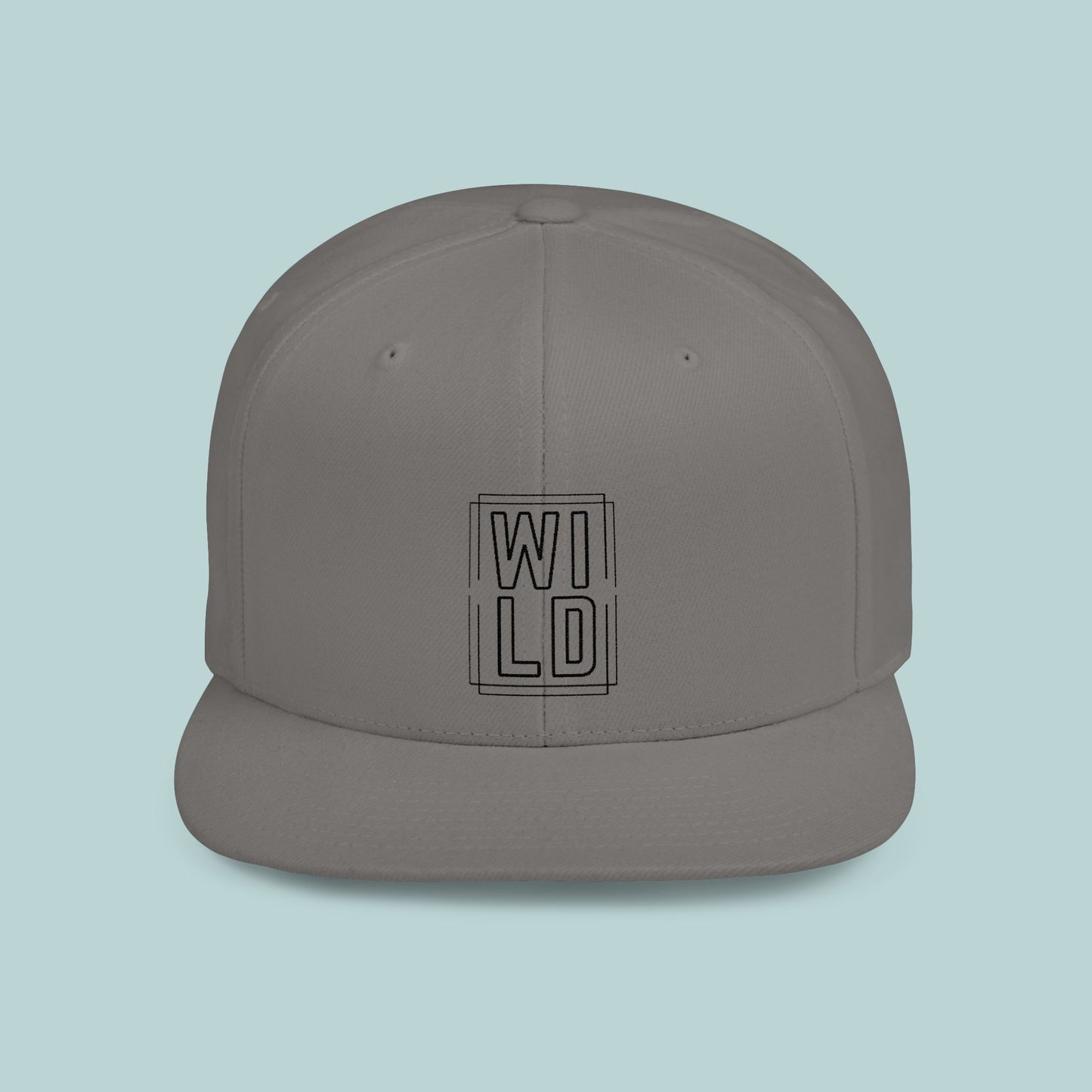 WILD Flat Bill Snapback Hat - Black Logo - Trendy Gray Cap for Outdoor Enthusiasts, Edgy, Outdoor, Adventure Hat