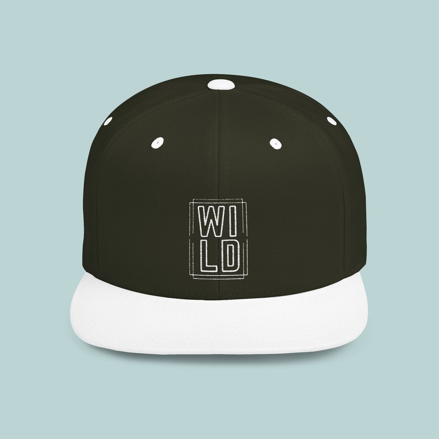 WILD Flat Bill Snapback Hat - White Logo - Trendy Sports Cap for Outdoor Adventures, Urban, Edgy, Low Profile Hat