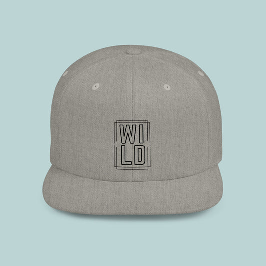 WILD Flat Bill Snapback Hat - Black Logo - Trendy Gray Cap for Outdoor Enthusiasts, Edgy, Outdoor, Adventure Hat