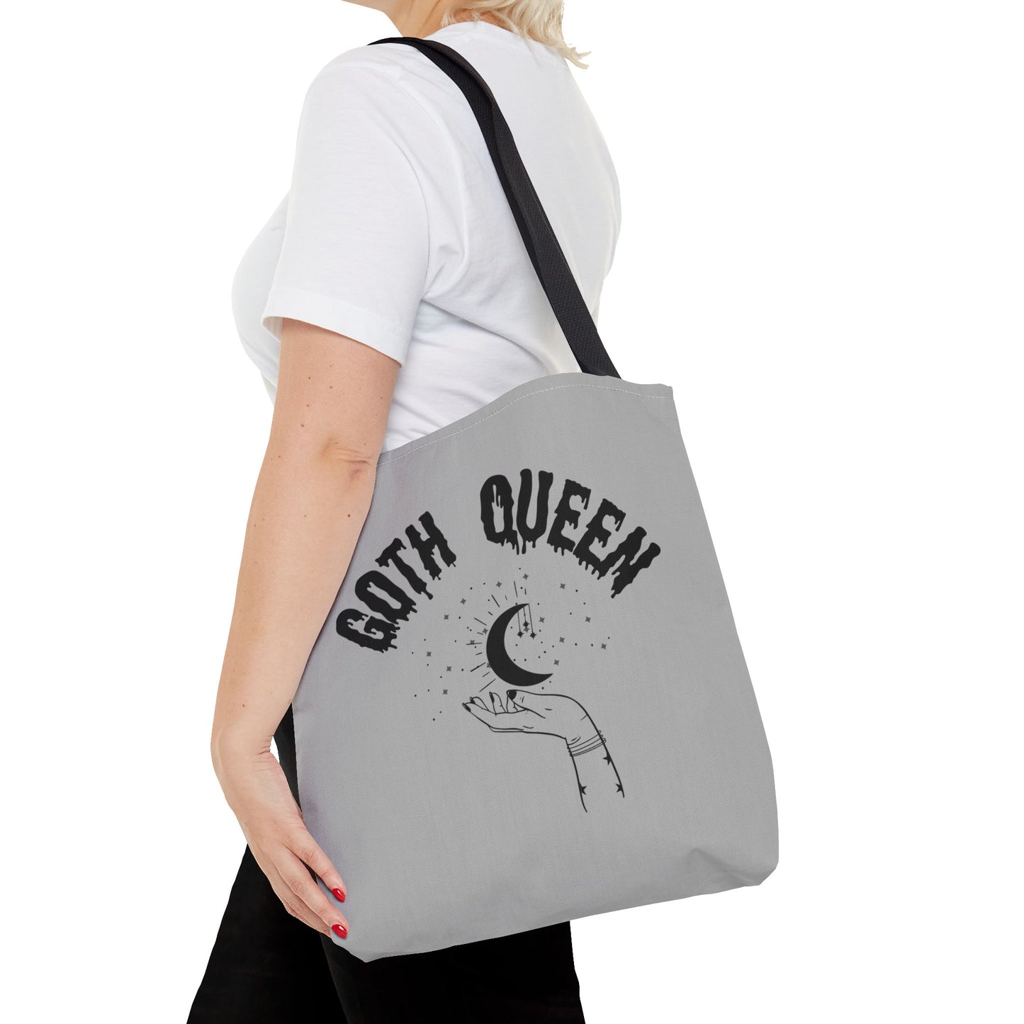 Goth Queen Tote Bag, Moon Print Grey Bag, Halloween Punk Handbag, Spooky Shoulder Bag, Alternative Fashion Purse