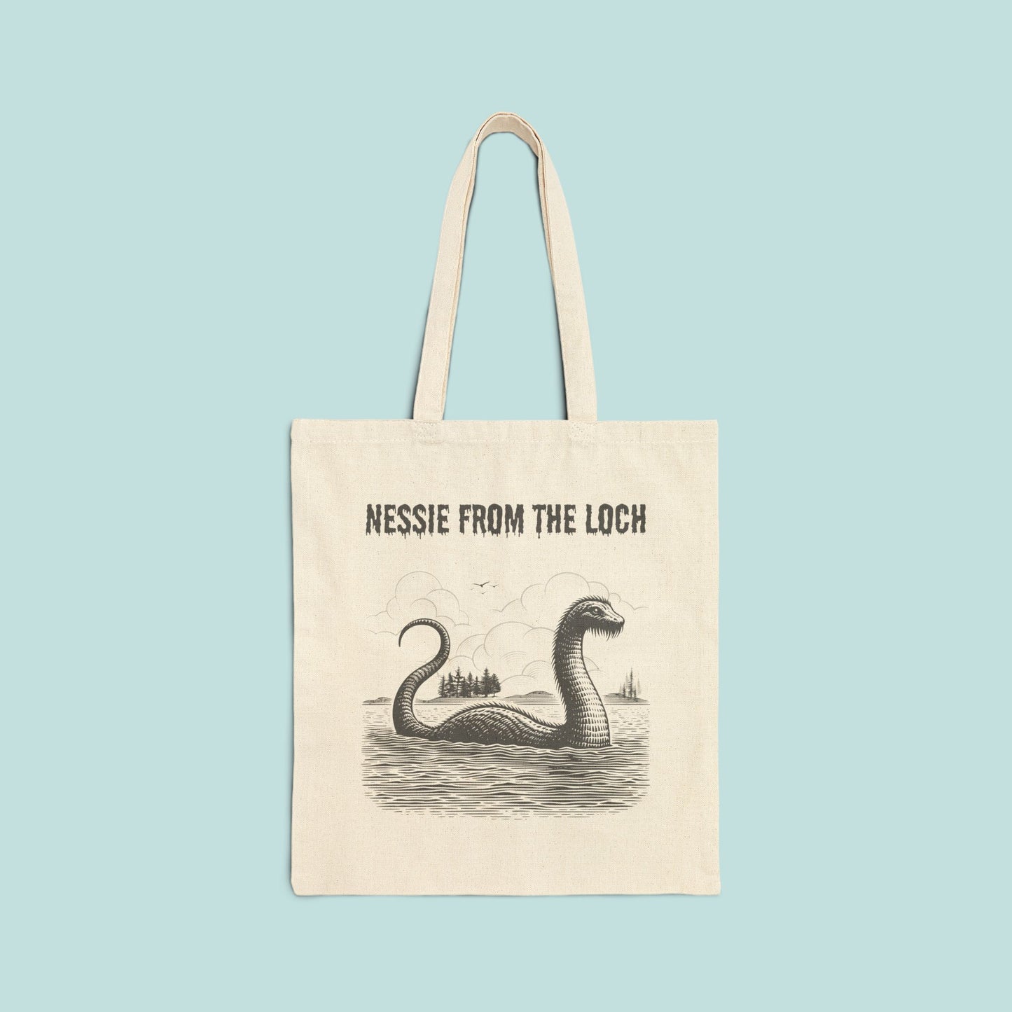 Nessie from the Loch Canvas Tote Bag, Scottish Loch Monster Reusable Shopping Bag, Eco-Friendly Grocery Tote, Mythical Creature