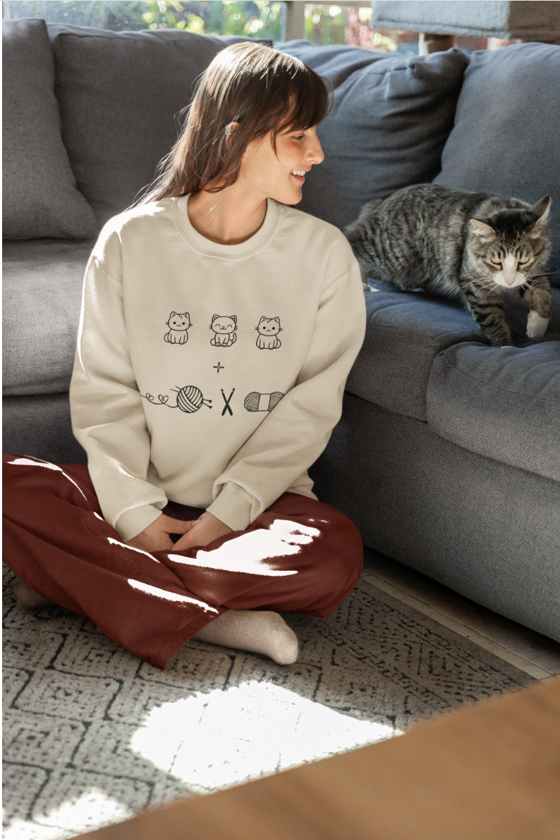 Cats + Crochet Sweatshirt, Cat Lover Sweater, Crochet Enthusiast Top, Cozy Pet Owner Pullover, Gift for Knitting Fan, Animal Print Sweater