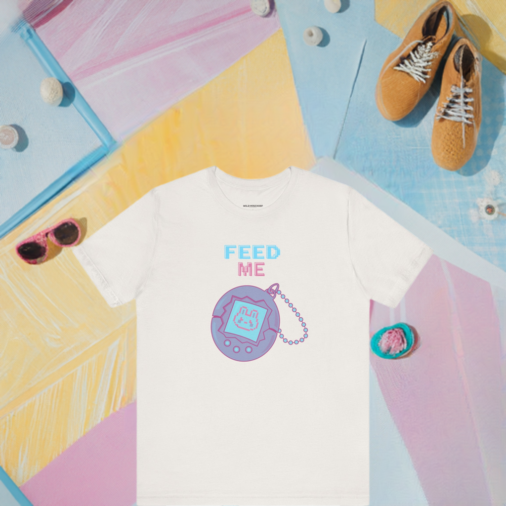 90s "Feed Me" Tamagotchi T-Shirt, Virtual Pet Nostalgia, Unisex Tee, Retro Video Game Shirt, Vintage Gamer Gift, 1990s Pop Culture Top